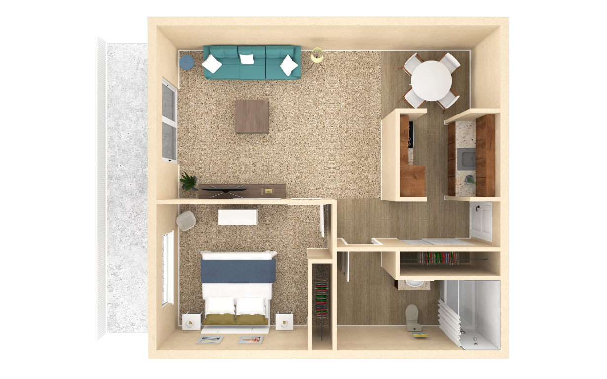 Floor plan for 1 bed, 1 bath, 624 sqft